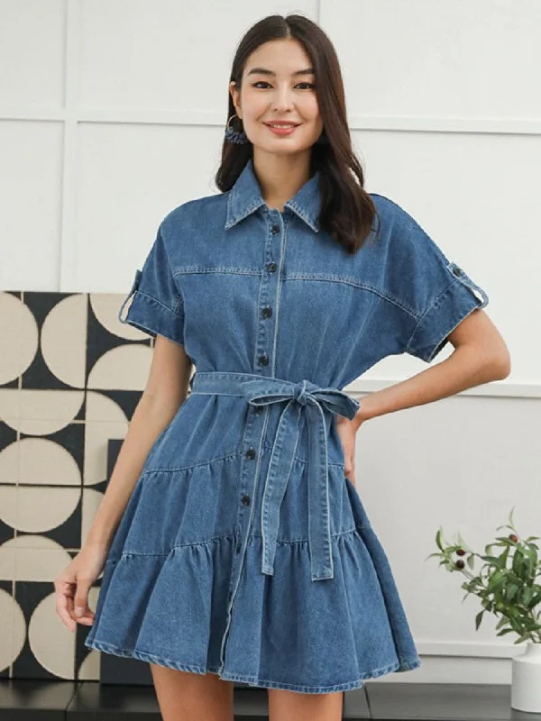 Outlet Clothing Denim Tie-wrap Ruffle Buckle Mini Dress