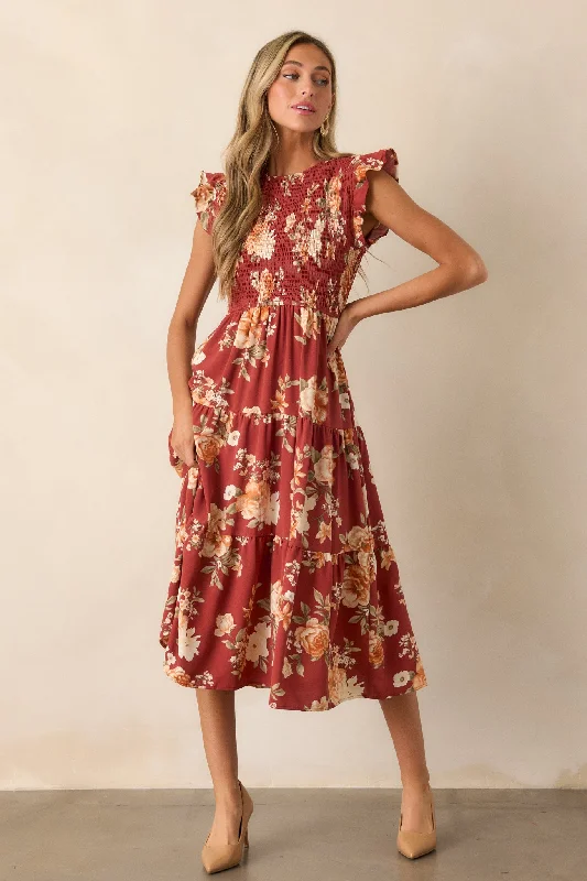 Laid-Back Elegance Desert Dawn Red Floral Midi Dress