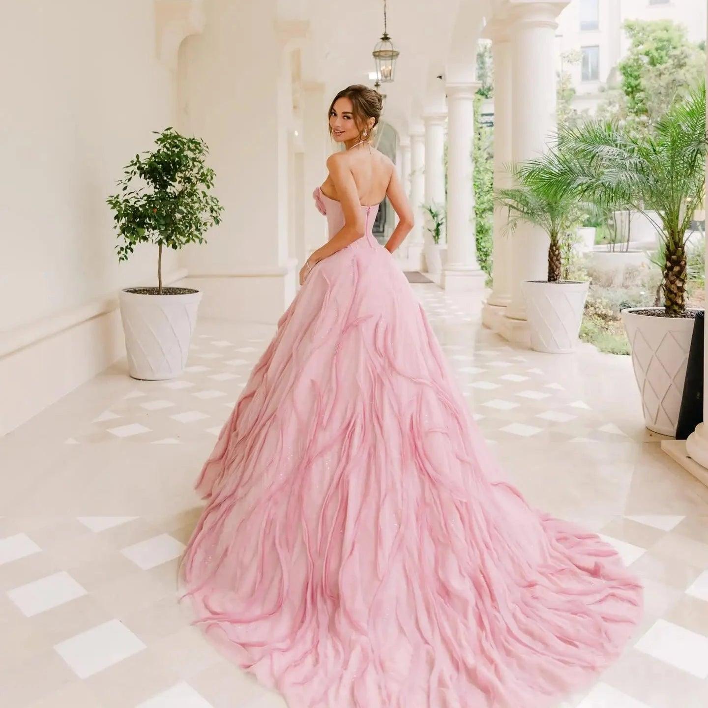 Sale On Sale Dreamlike Dusty Rose Pink Couture Evening Gown – Long Bridal Dress with Handmade Flower Details and Puffy Tutu Tulle