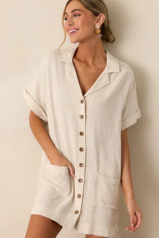 Women's Everyday Attire Effortless Selection Beige Button Front Shirt Mini Dress