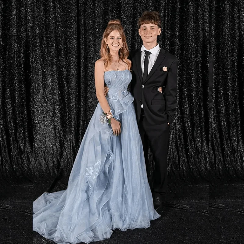 Flash Discount Elegant Blue Strapless A-Line Prom Dress – Puffy Tulle Gown with Ruffles and Appliques for Graduation and Special Occasions