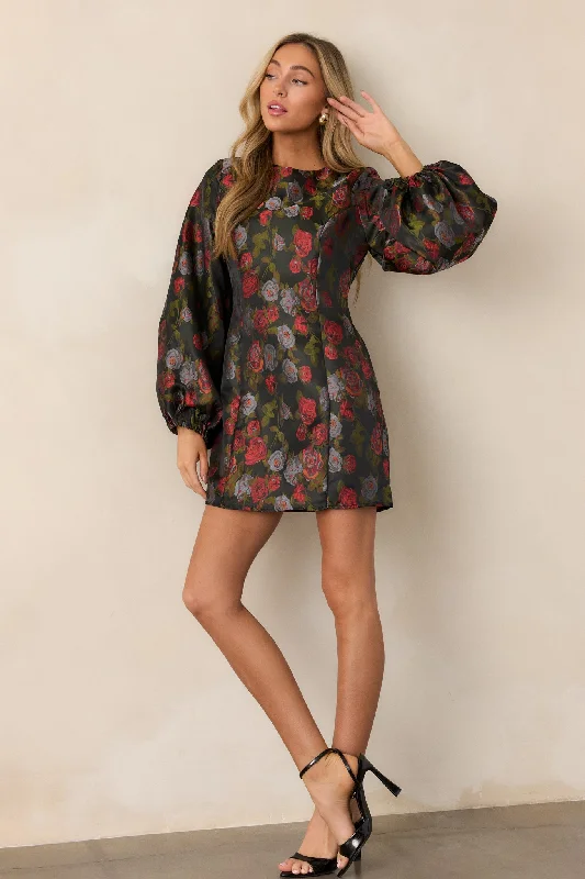 Women's Clothing for Every Season and Trend Enchanted Petals Black Floral Balloon Sleeve Mini Dress