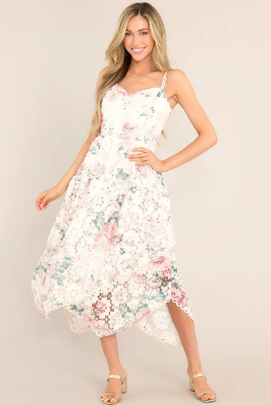 Sale Clearance Flirt For Fun Ivory Floral Print Lace Midi Dress