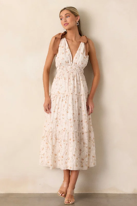 Women Wear Online For Good Ivory Floral Plunge Neck Midi Dress