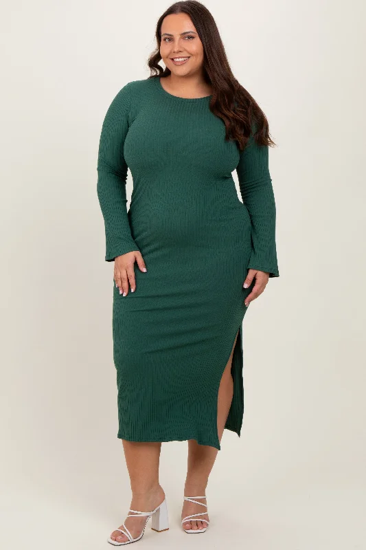 Chic Women's Clothing Forest Green Ribbed Side Slit Plus Maxi Dress