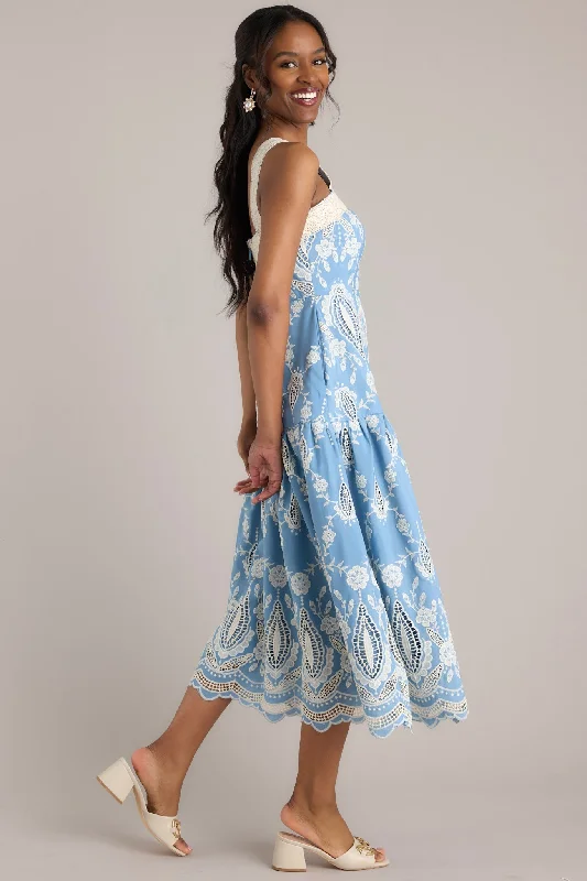 Online Boutique Stores Forever Remembered Ash Blue Floral Embroidered Midi Dress