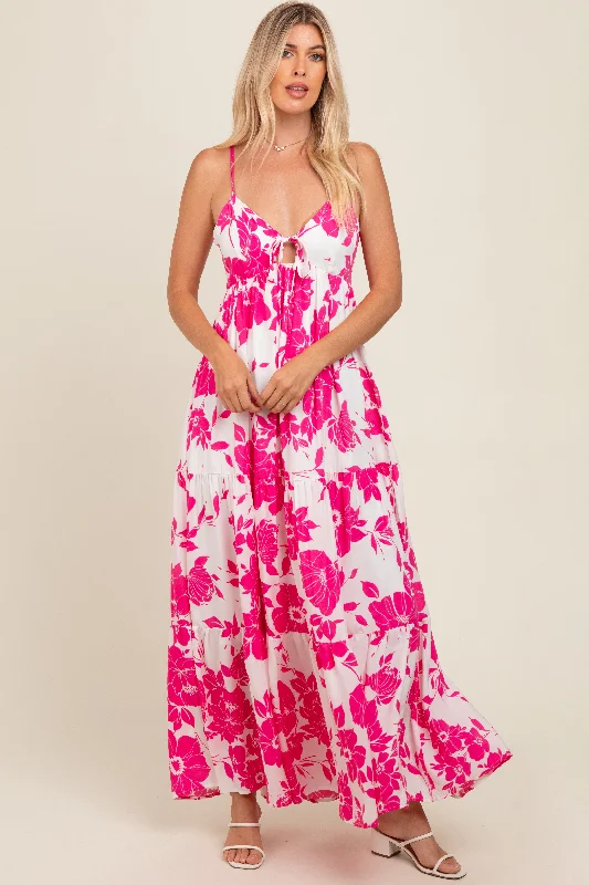 Women's Vacation Outfit Fuchsia Tropical Floral Open Back Maxi Dress