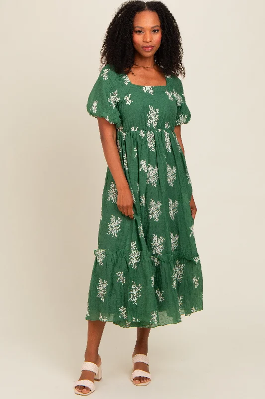 Women's Wardrobe Apparel Green Floral Print Ruffle Hem Midi Dress