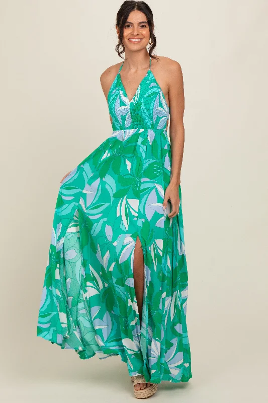 Women's Outdoor Attire Green Floral Smocked Halter Open Back Maxi Dress