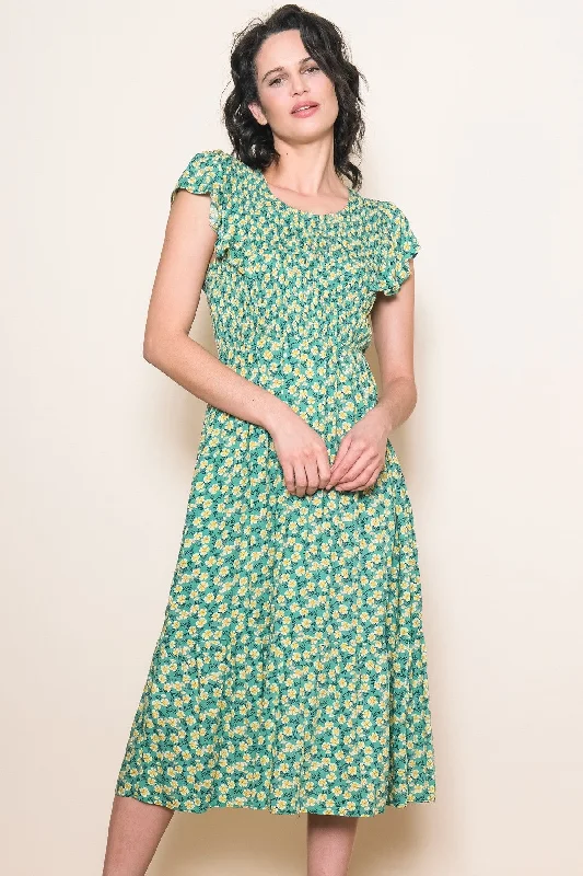 Women's Occasion Wear Apparel Green Floral Smocked Midi Dress