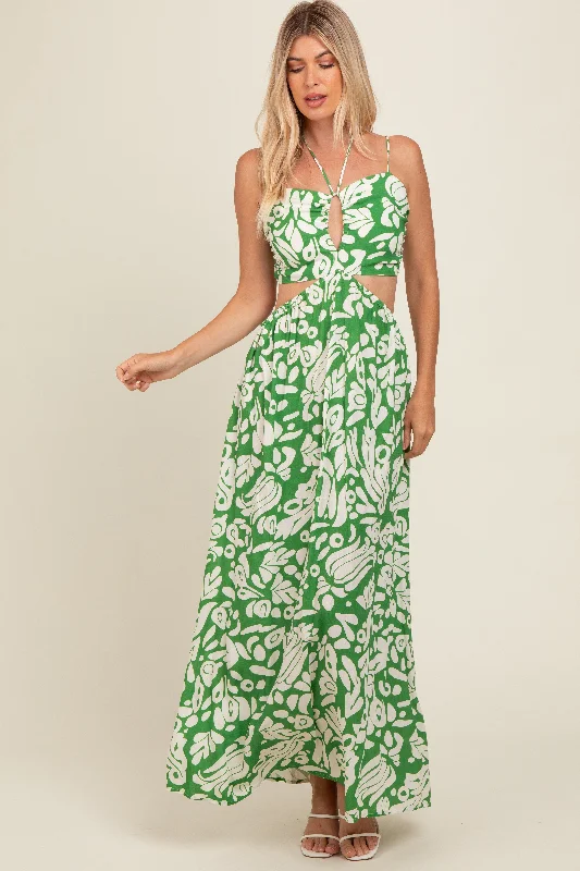 Fashion-forward Women's Wear Green Printed Halter Cut-Out Maxi Dress