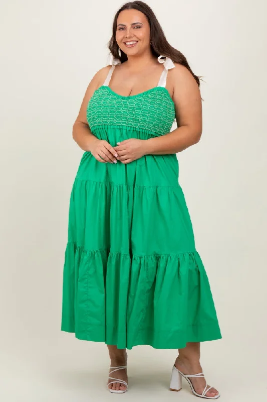 Women's Clothing for All Occasions Green Ribbon Strap Tiered Plus Maxi Dress