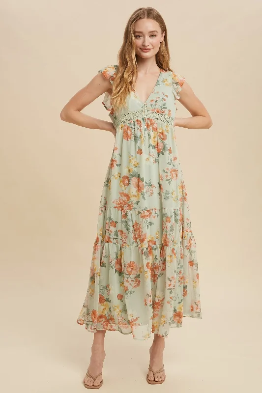 Stylish Women's Outerwear Apparel Green Tea Floral Chiffon Flutter Sleeve Maxi Dress