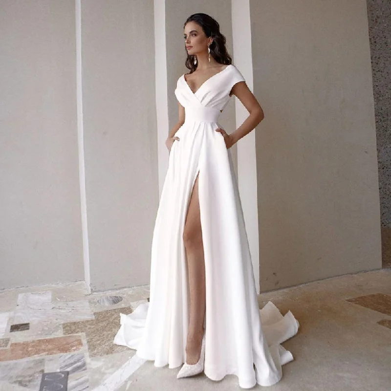 Trendy Online Boutiques High Slit Off the Shoulder V-Neck Wedding Dress