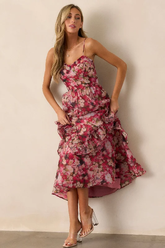 Women's Festive Attire Honey Bee Pink Floral Ruffle Midi Dress