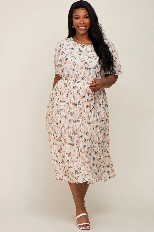 Earthy Tones Ivory Floral Chiffon Pleated Short Sleeve Maternity Plus Midi Dress