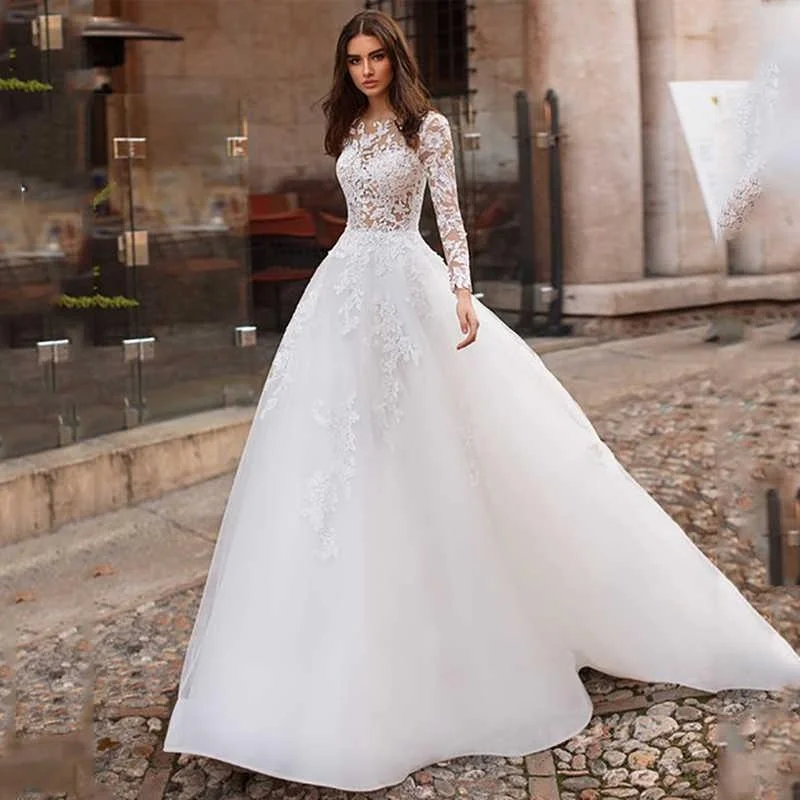 Flash Sales Today Lace Appliques Tulle A-line Long Wedding Dress Long Sleeve Bridal Dresses