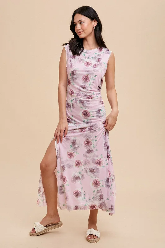 Women's Vacation Garments Lavender Rose Print Ruched Mesh Dress