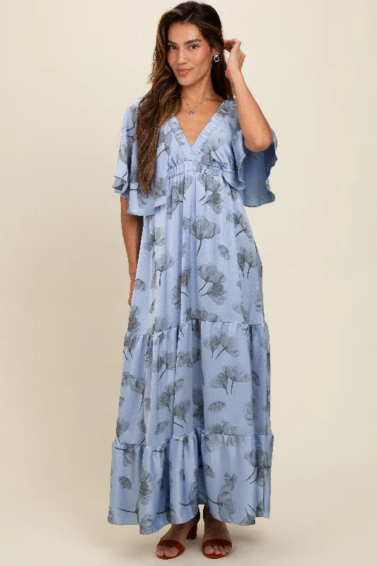 Fashion Sale Light Blue Floral Deep V-Neck Maxi Dress