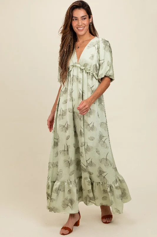 Big Savings Light Olive Floral Chiffon Ruffle Accent Maxi Dress