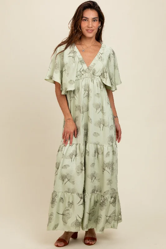 Relaxed Style Light Olive Floral Deep V-Neck Maxi Dress