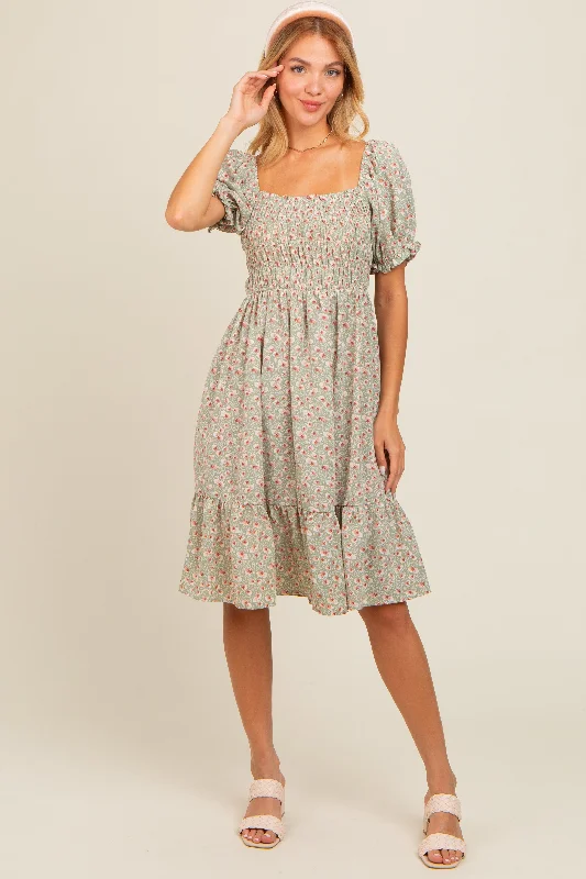 Everyday Fashion Light Olive Floral Smocked Dress