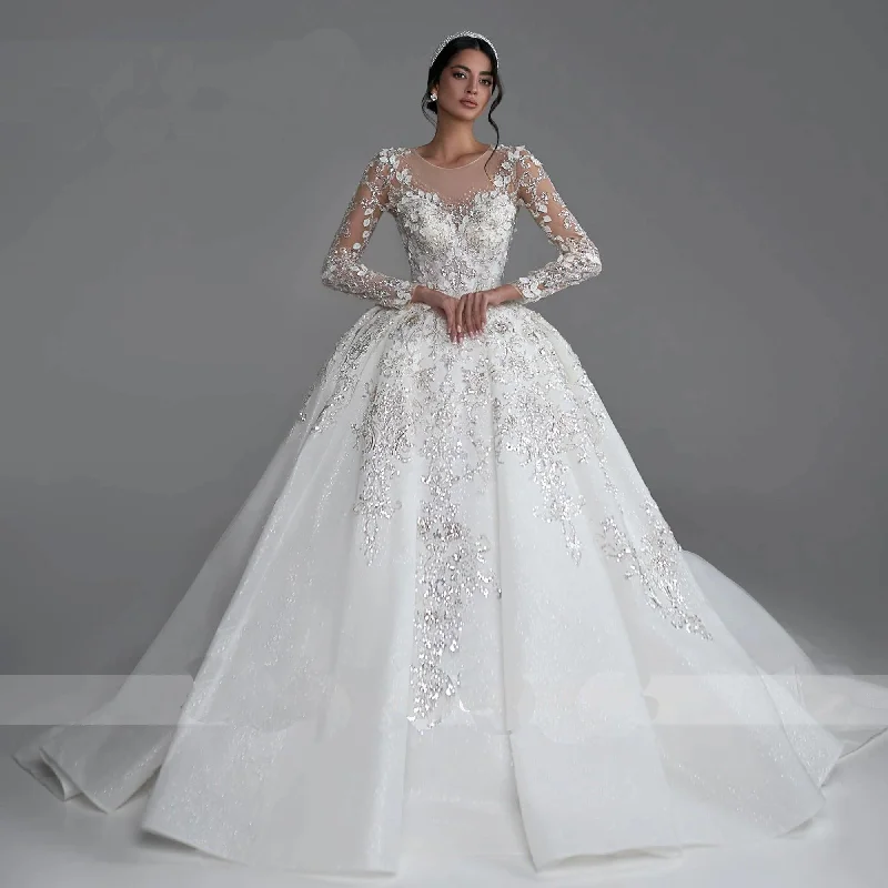 Online Boutique Clothing White Princess Wedding Dress - Long Sleeve Ball Gown with Sequined Beading & Royal Train