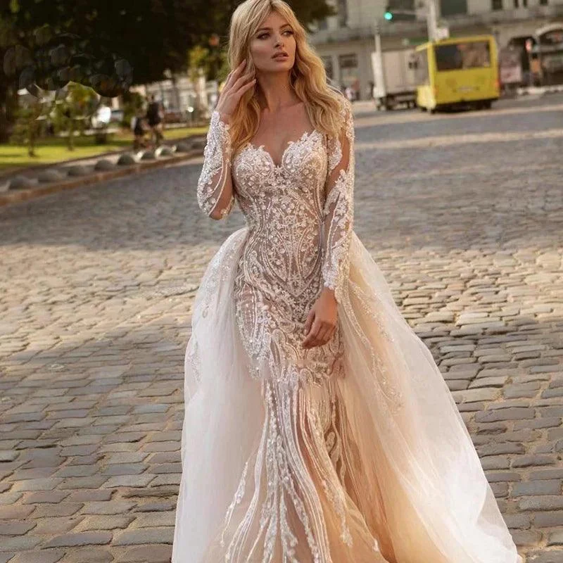 Best Online Clothing Boutiques 2-in-1 White Princess Luxury Wedding Dress with Detachable Train, Vintage Full Sleeves, Beaded Embroidery, O-Neck, and Button Back