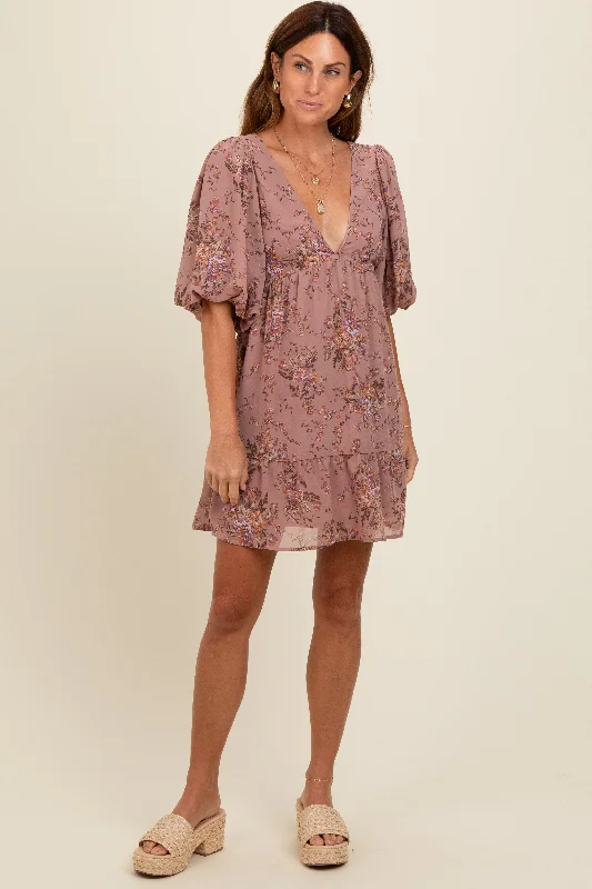 Save Big Mauve Deep V-Neck Tie Back Floral Mini Dress