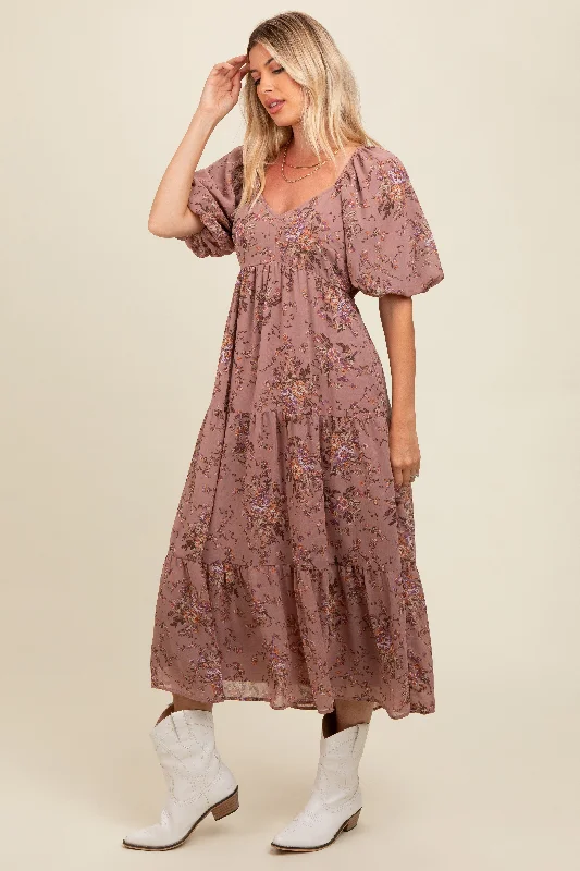 Women's Occasion Wear Apparel Mauve Floral Tiered Puff Sleeve Maxi Dress