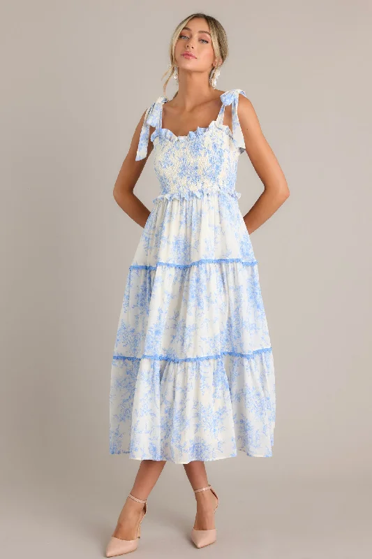 Modern Women's Apparel Meadow Serenade Blue Floral Toile Midi Dress