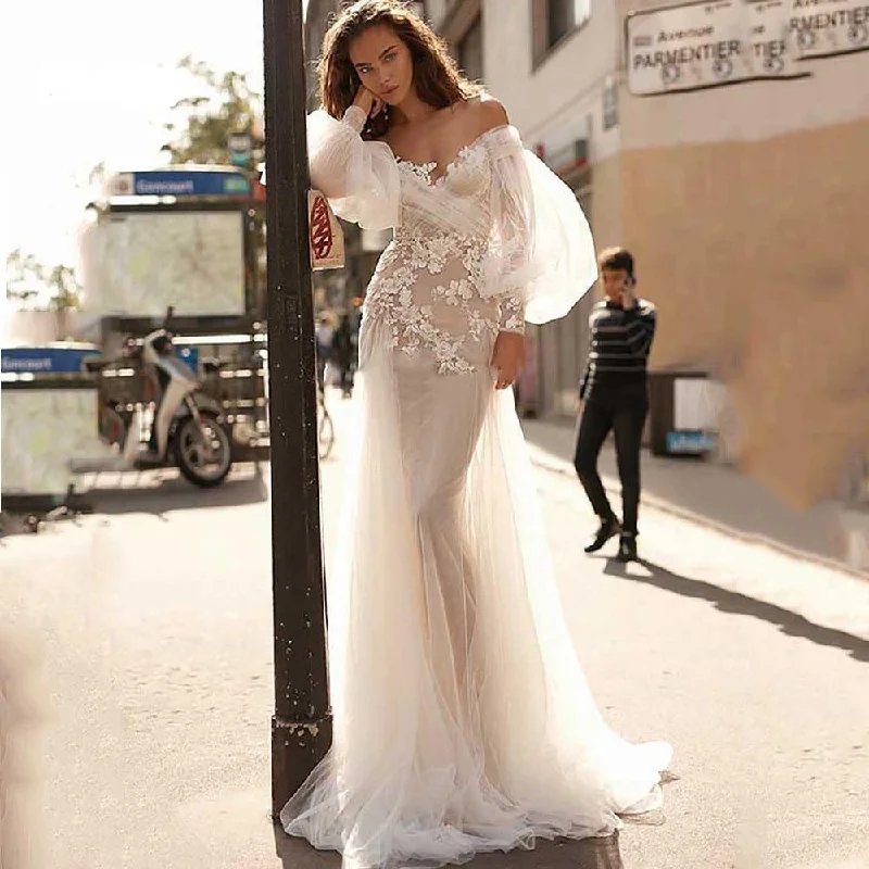 Extreme Clearance Deals Mermaid Scoop Boho Long Puff Sleeve Wedding Dress