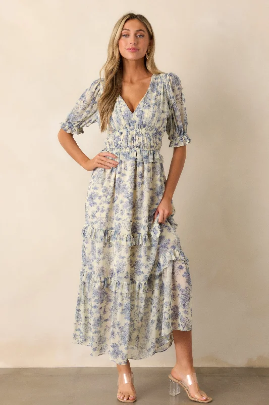 Women's Seasonal Attire Midnight Train Blue Floral Midi Dress