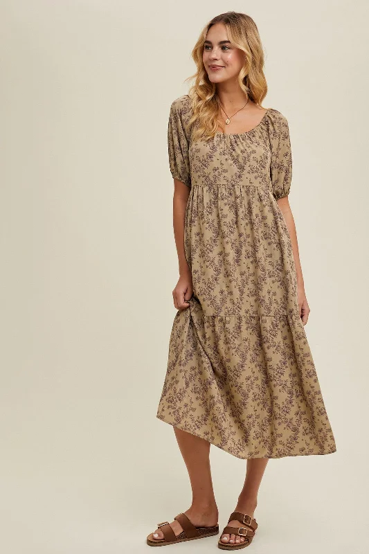 Women's Transitional Apparel Mocha Floral Ruffle Hem Midi Dress