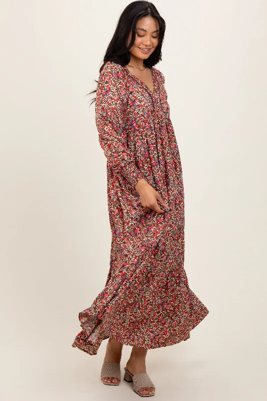 Women's Comfortable Lounge Attire Mocha Floral V-Neck Bubble Sleeve Maxi Dress