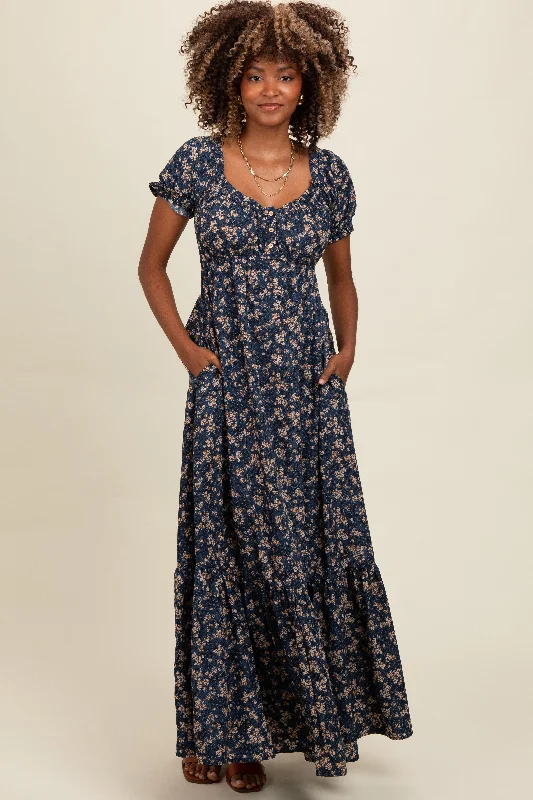 Plus Size Women Wear Navy Blue Floral Button Accent Maxi Dress