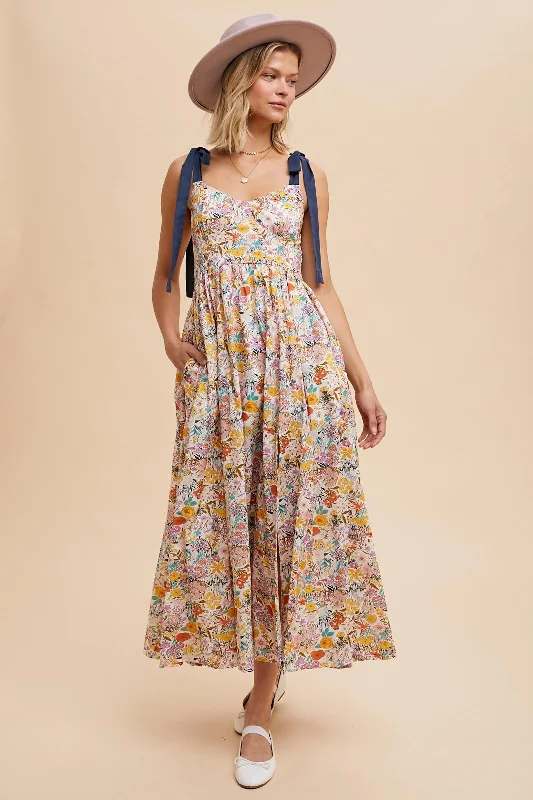 Women's Casual Wear Outfit Navy Creme Multi Cotton Floral Maxi Dress