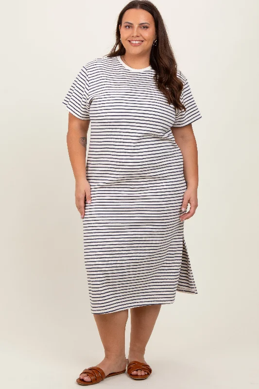 Weekend Sale Navy Striped Short Sleeve Plus T-Shirt Midi Dress