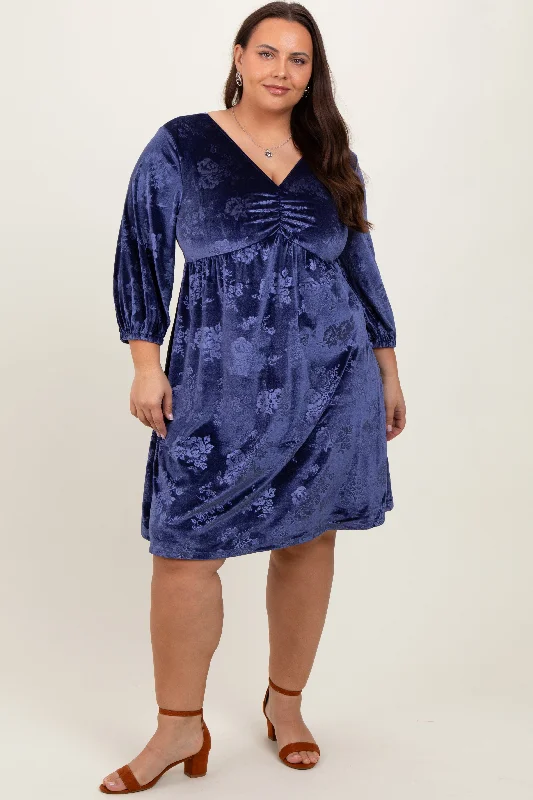 Vibrant Femme Fashion Navy Velvet Floral Ruched Neck Plus Dress