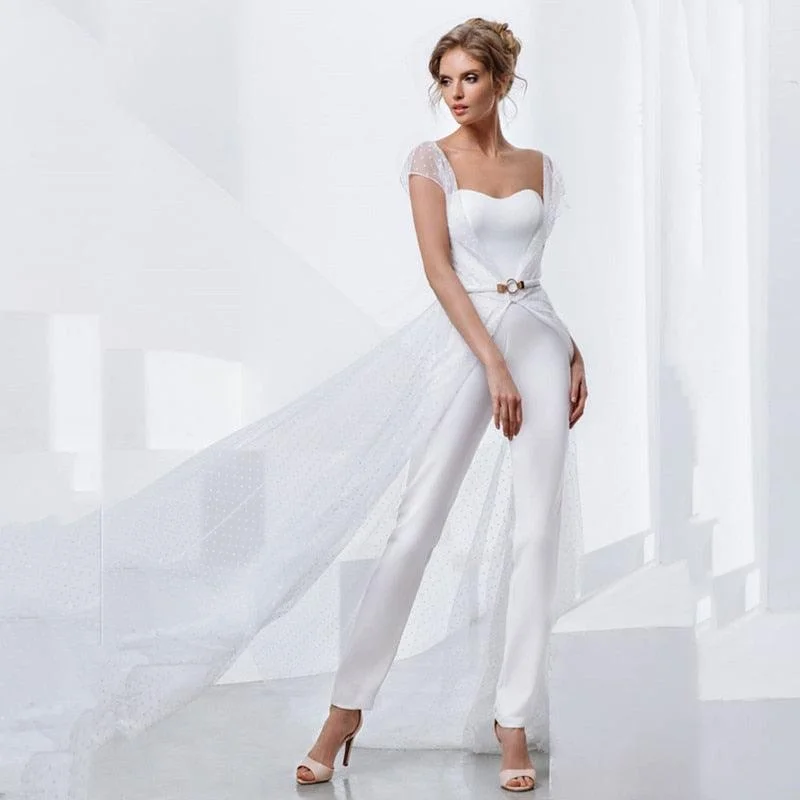 Online Boutiques Clothing New Arrival Sweetheart Jumpsuit Sashes Sweep Train Long Wedding Dress