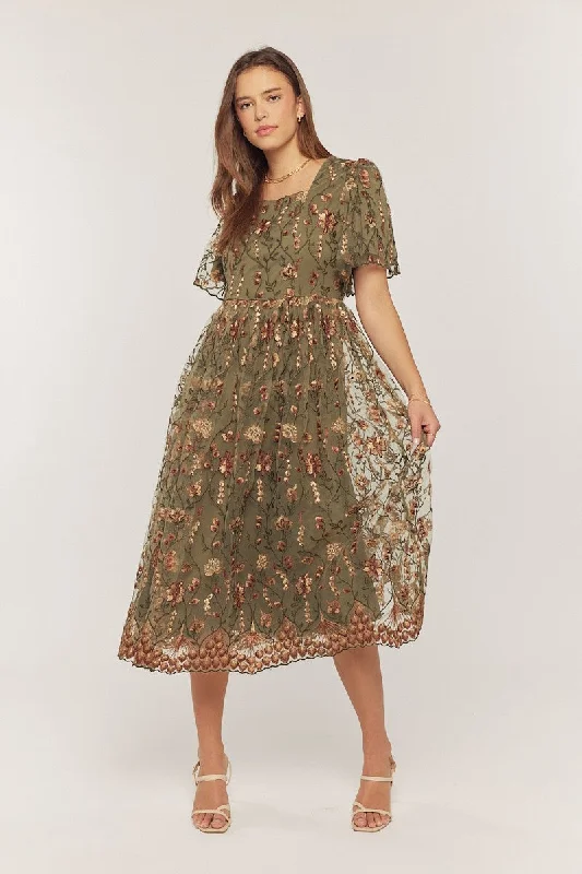 Elegant Women's Clothing Olive Floral Embroidered Mesh Overlay Midi Dress