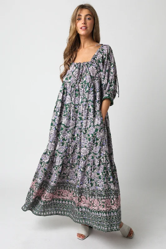 Formal Attire For Women Olive Floral Paisley Cinched Neckline Maxi Dress