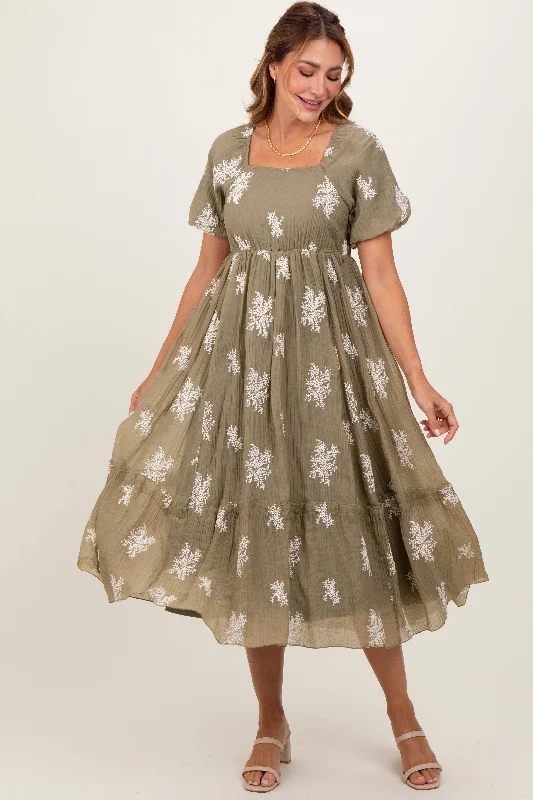 Clothes Of Woman Olive Floral Print Ruffle Hem Midi Dress