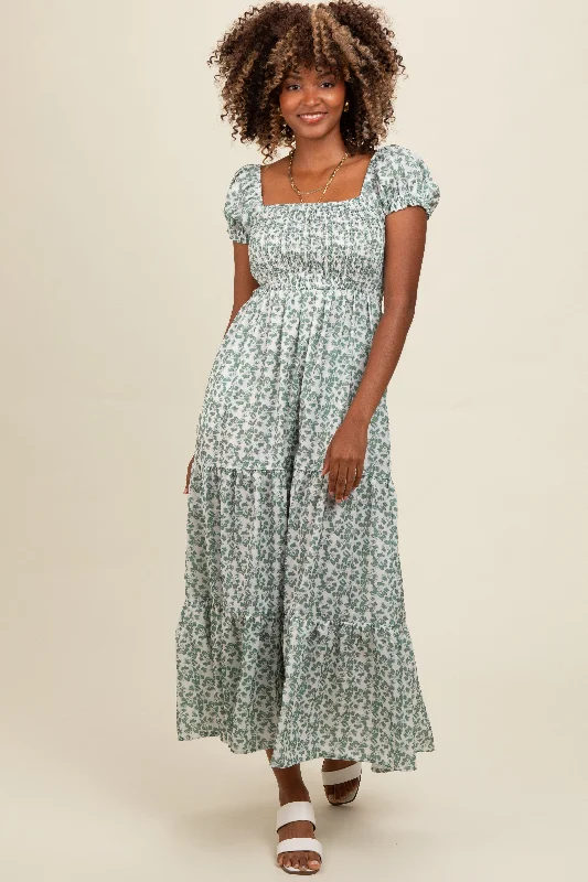 Day To Night Styles Olive Floral Puff Sleeve Smocked Maxi Dress