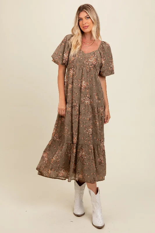 Urban Femme Streetwear Olive Floral Tiered Puff Sleeve Maxi Dress