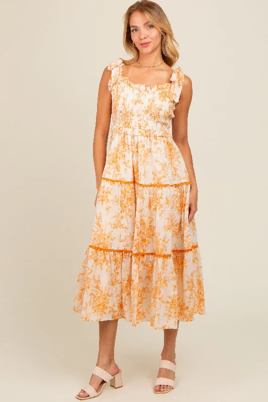 Timeless Elegance Peach Floral Sleeveless Ruffle Tiered Midi Dress