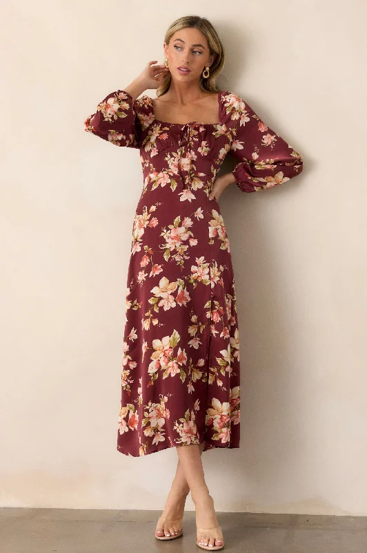 Women's Clothes And Garments Perfect Meet Cute Burgundy Floral Long Sleeve Midi Dress