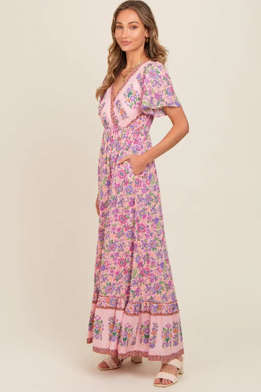 Online Boutiques Best Pink Floral Border Printed Woven Short Sleeve V-Neck Maxi Dress