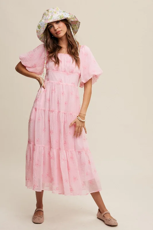 Women's Holiday Attire Pink Flower Embroidered Puff Sleeve Tiered Maxi Dress