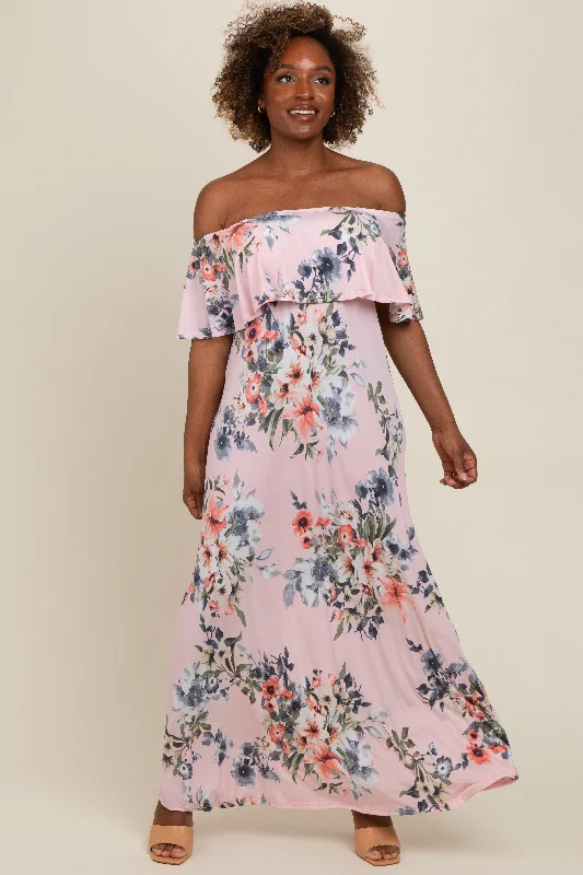 Relaxed Style Pink Off Shoulder Floral Ruffle Maxi Dress